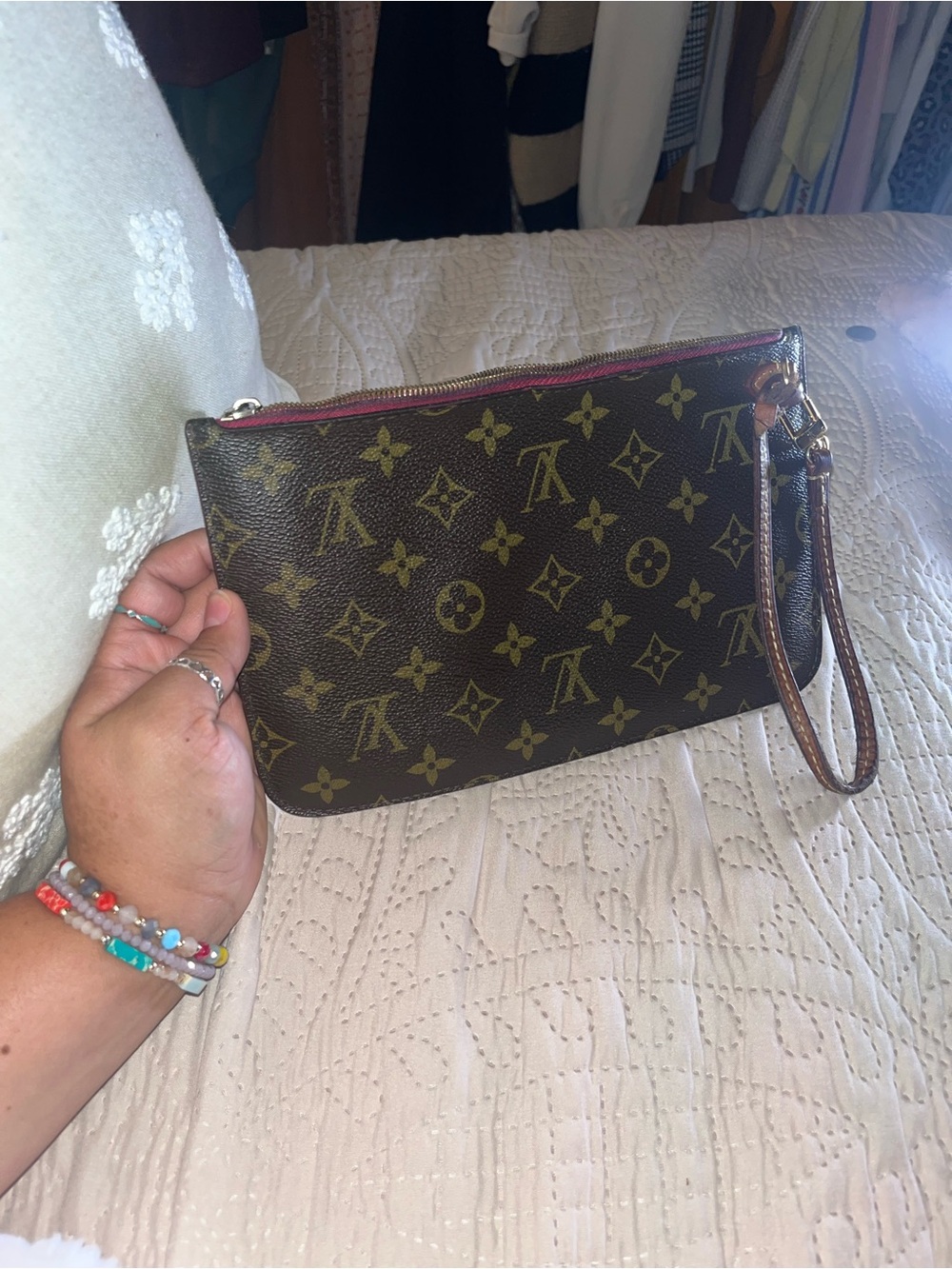 Louis Vuitton Brown Monogram Wristlet with Pink Trim
